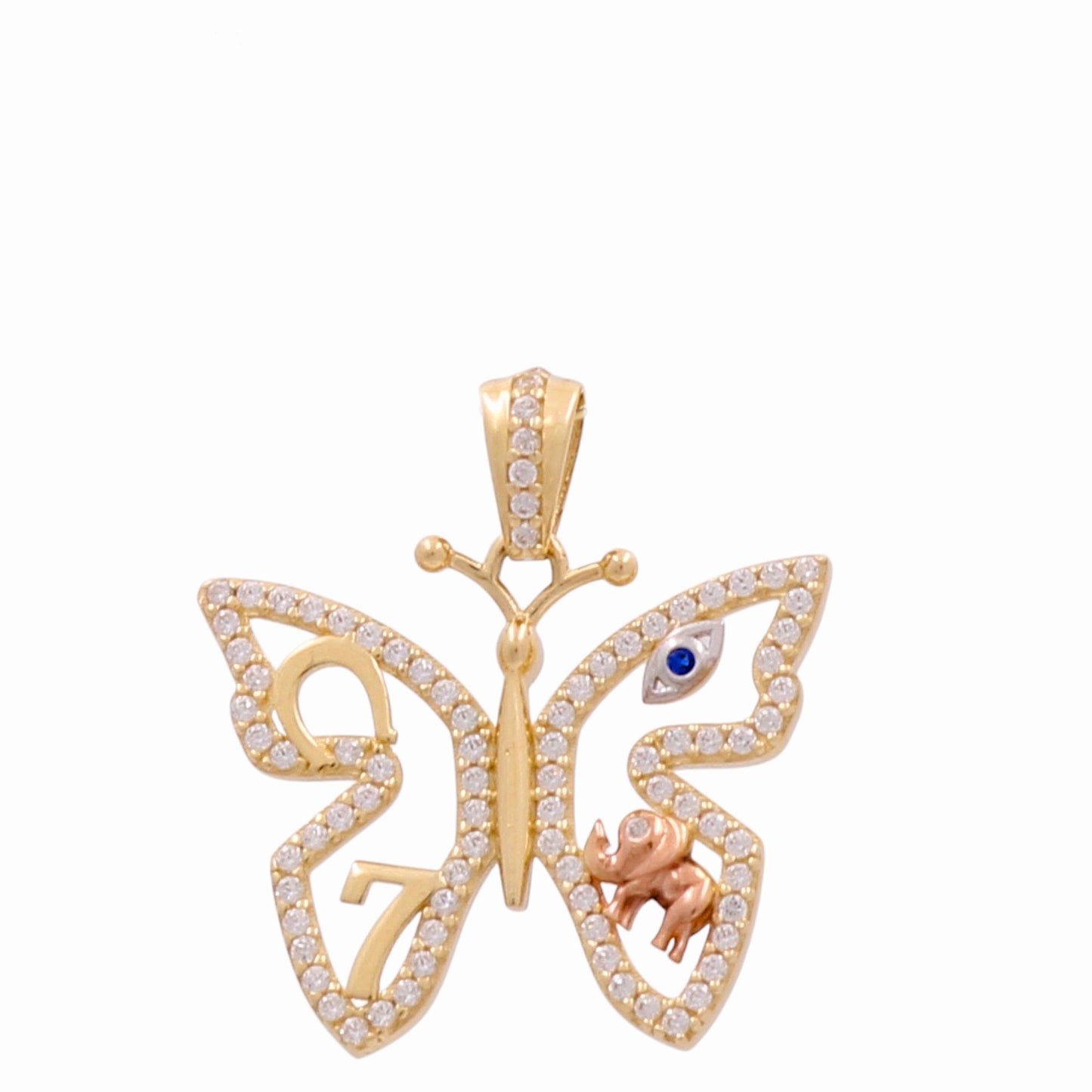 14K Yellow, White and Rose Gold Lucky Butterfly Pendant with White Cz and Eye / Weight: 3.2 GR / CPPD3T4BTEY