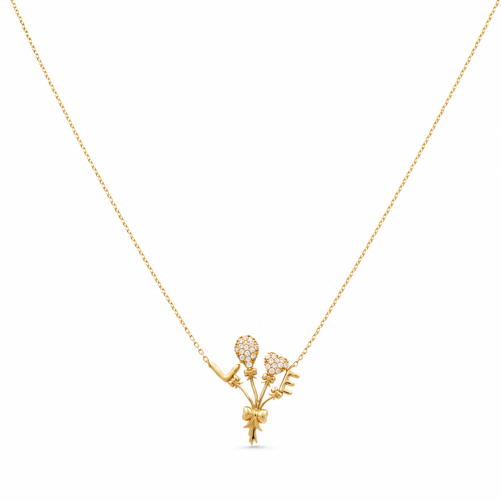 14K Yellow Gold Fashion Women's Necklace With Love and Ribbon Pendant / Stone: Cz / Size: 17" / Weight: 2.7 GR