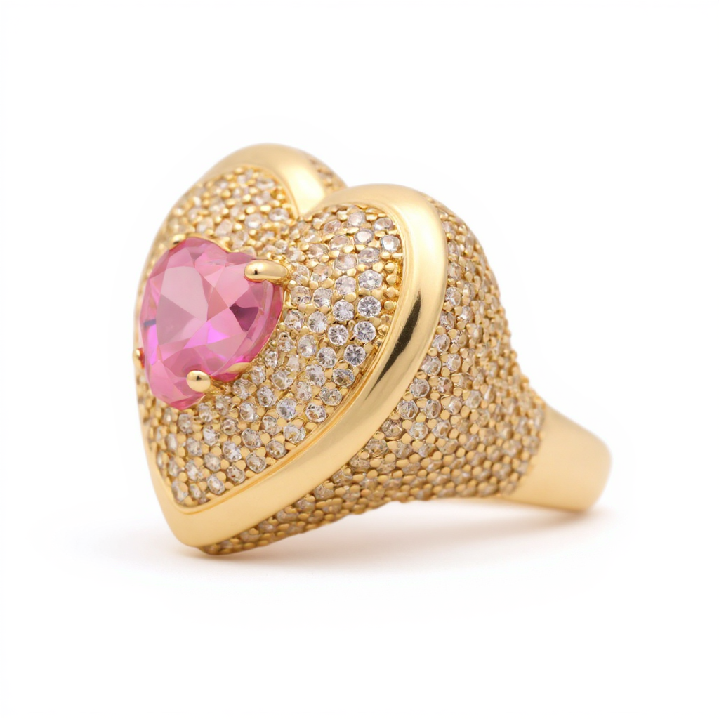 14K Yellow Gold Heart Women's Ring with Pink and White Cz / Size: 8 / Weight: 7 GR / BOWR4HR-14