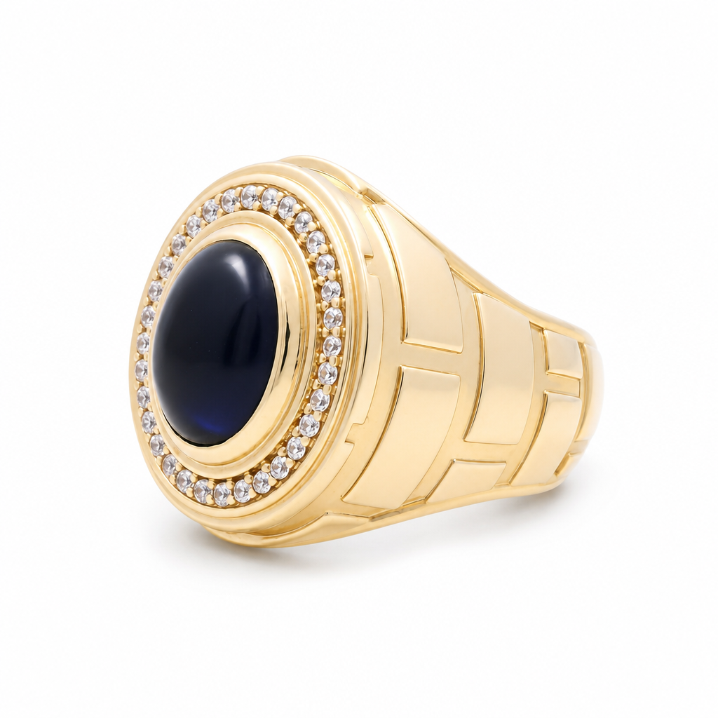 14K Yellow Gold RD Fashion Men’s Ring with Blue and White Cz / Size 11 / Weight: 16 GR