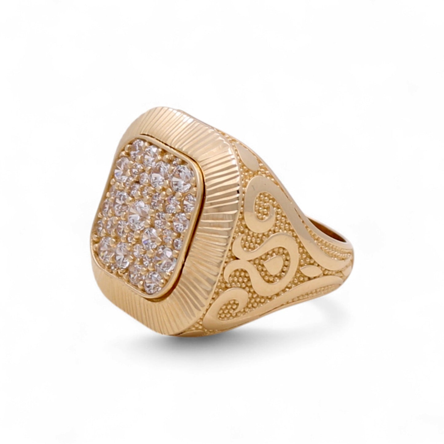 14K Yellow Gold Fashion SQ Men's Ring with Cz and Design / Size: 12 / Weight: 9.8 GR / DQMR4FS-7