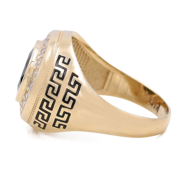 14k Round Men's Ring with Black Enamel Greek and Red Cz / Size 11 / Weight 9.5 GR / BOMR4FS-7
