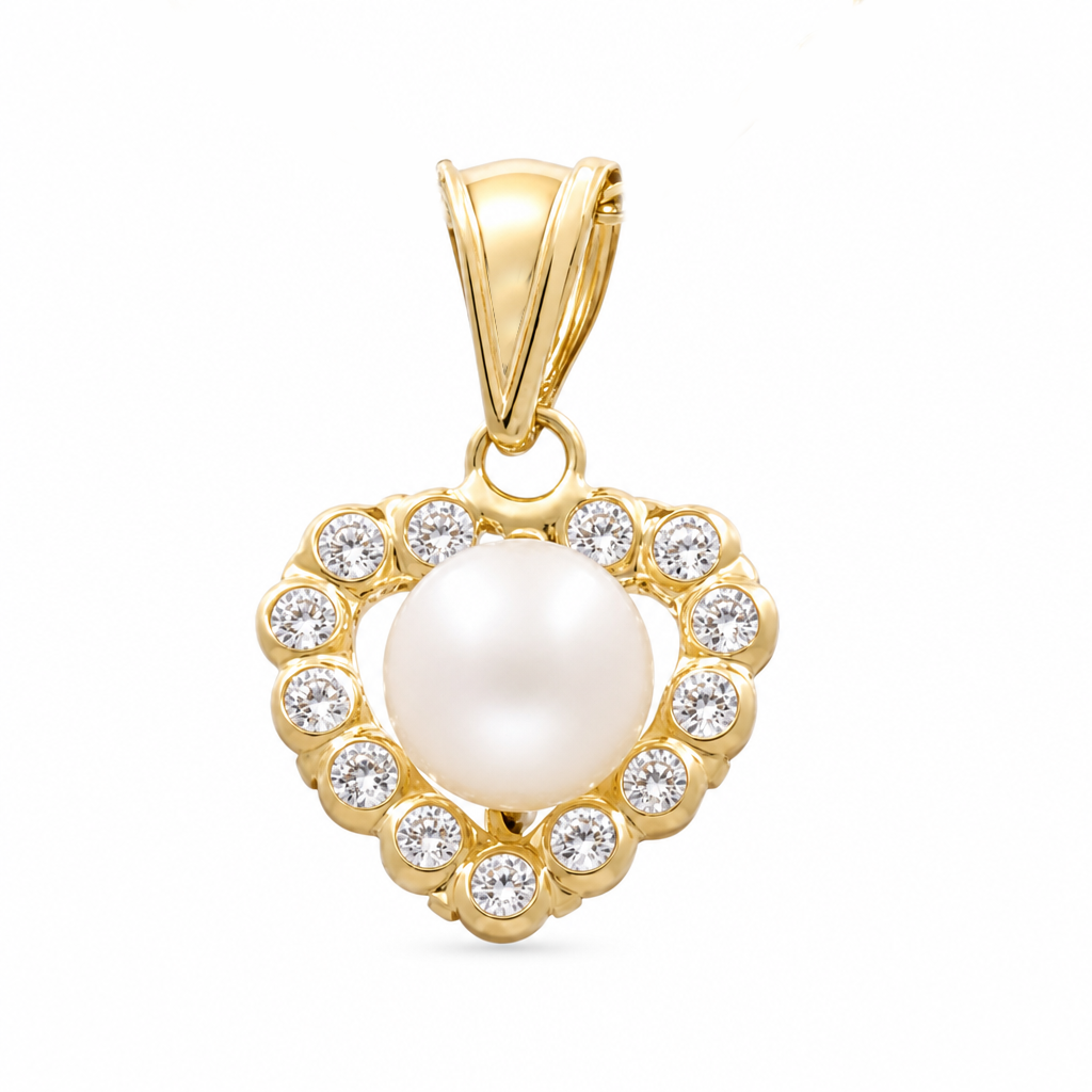 14K Yellow Gold Heart Pendant with Pearl and Cz / Weight: 0.8 GR / DCFPD4HR