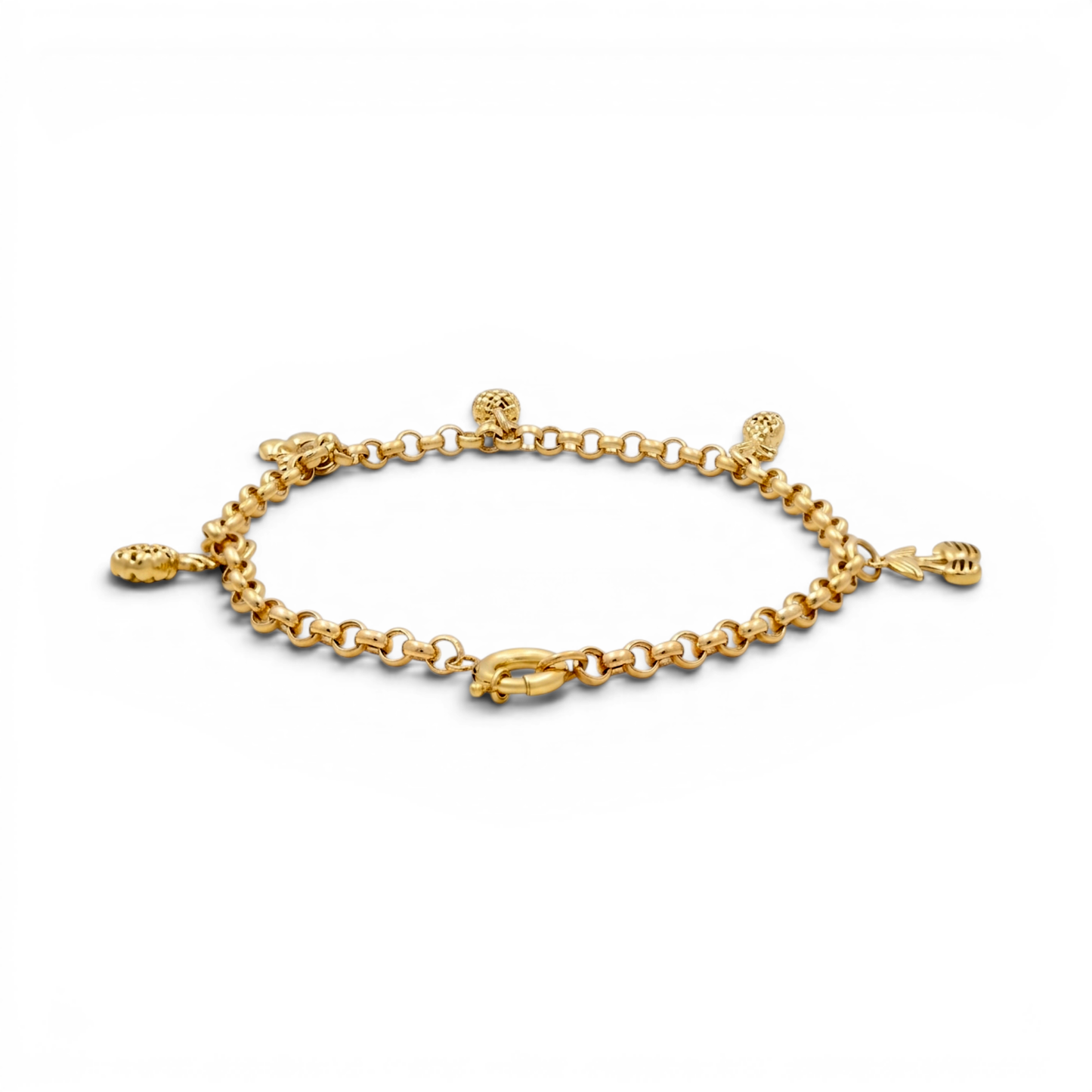 10k Yellow Gold Rolo Women's Bracelet with Fruits Hanging Charms / Size: 7.5" / Weight: 4.6 GR