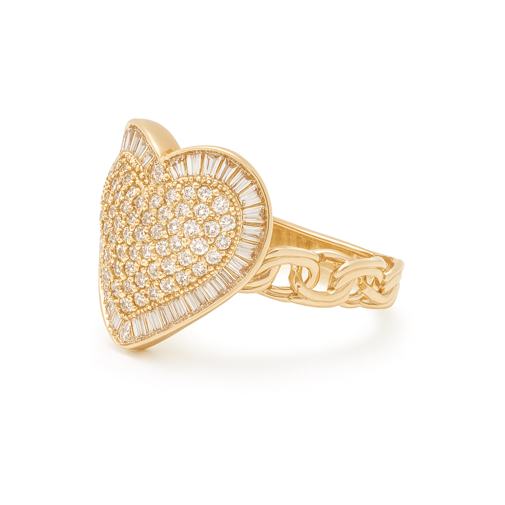 14K Yellow Gold Heart Women's Ring with Chinese Link and Cz / Size: 8.5 / Weight: 4.1 GR / DQWR4HR-12