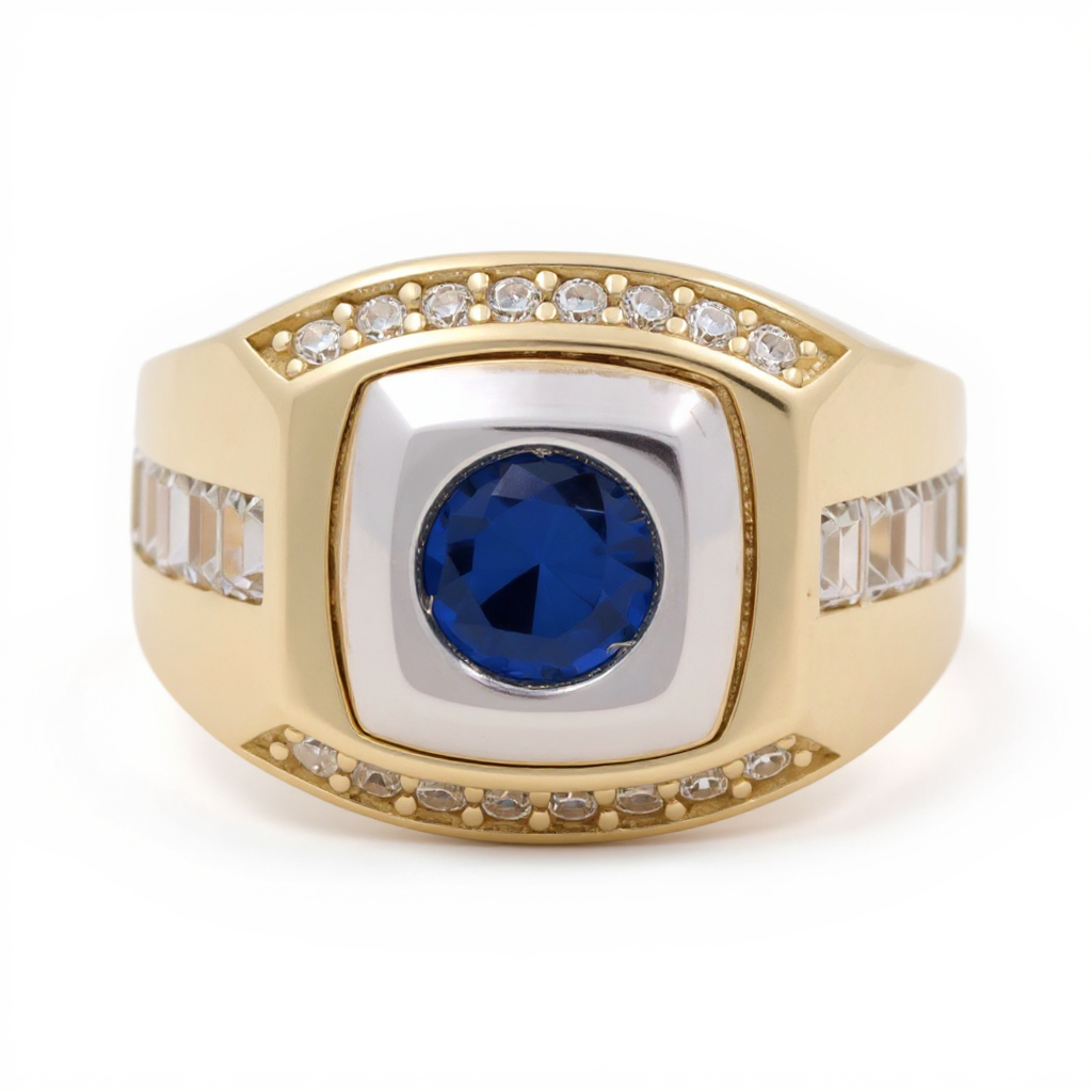 10K Two Tone Gold Men’s Blue Stone Ring w/ side Baguette / Cz / Size 11.5 / Weight: 5.3 GR /CQMR0FS-1