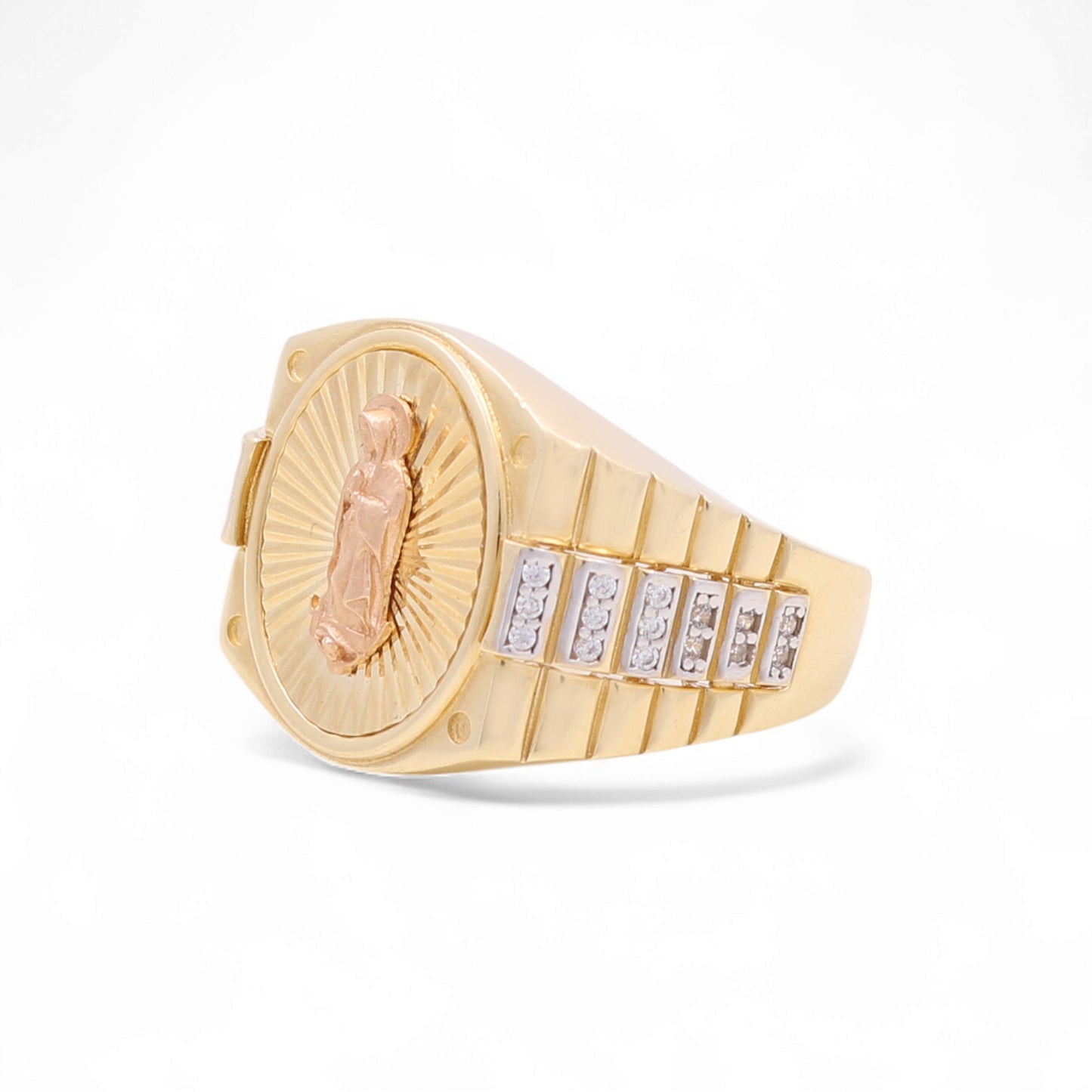 14k Three Tone Oval Virgen de Guadalupe Men's Ring with Cz / Size 10.5 / Weight 9.1 GR / COMR4OV3TVGCZ