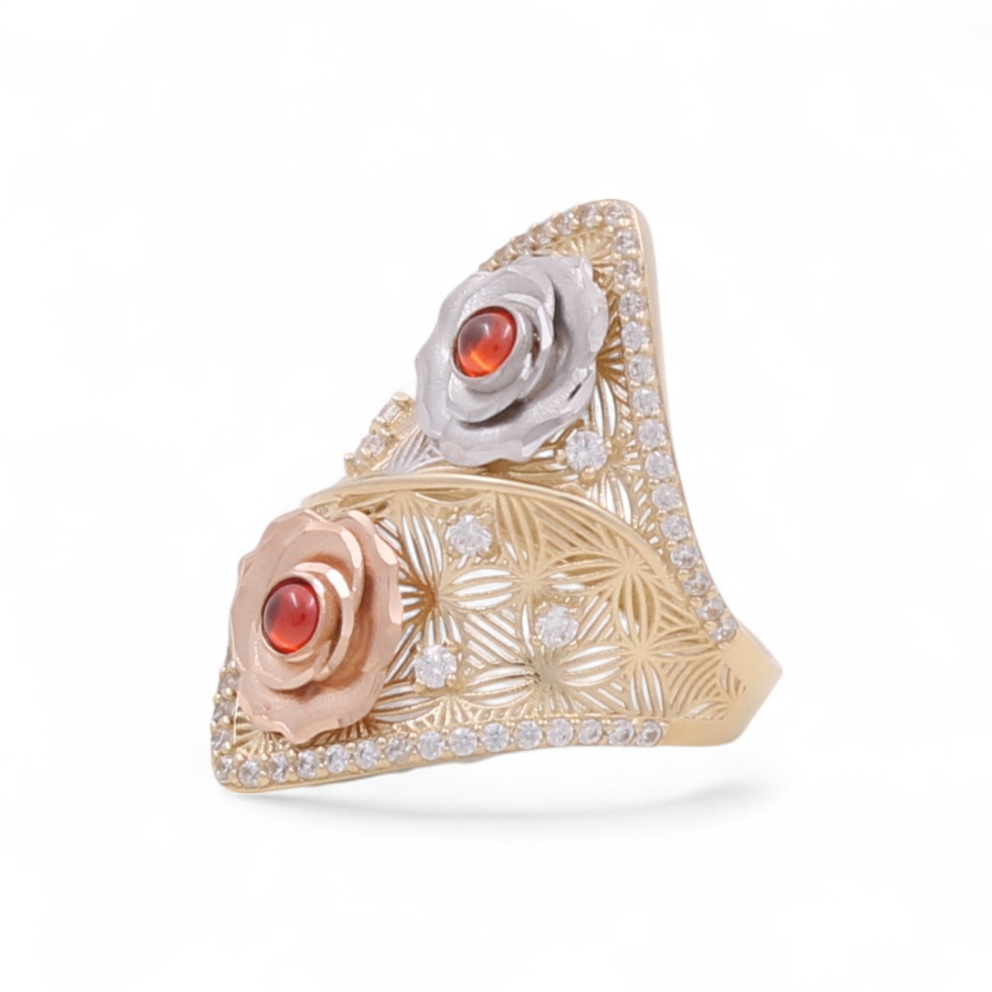 14K Yellow, White and Rose Gold Three Flower Women's Ring with Cz / Size: 8.5 / Weight: 4.7 GR / DQWR3T4FL-3