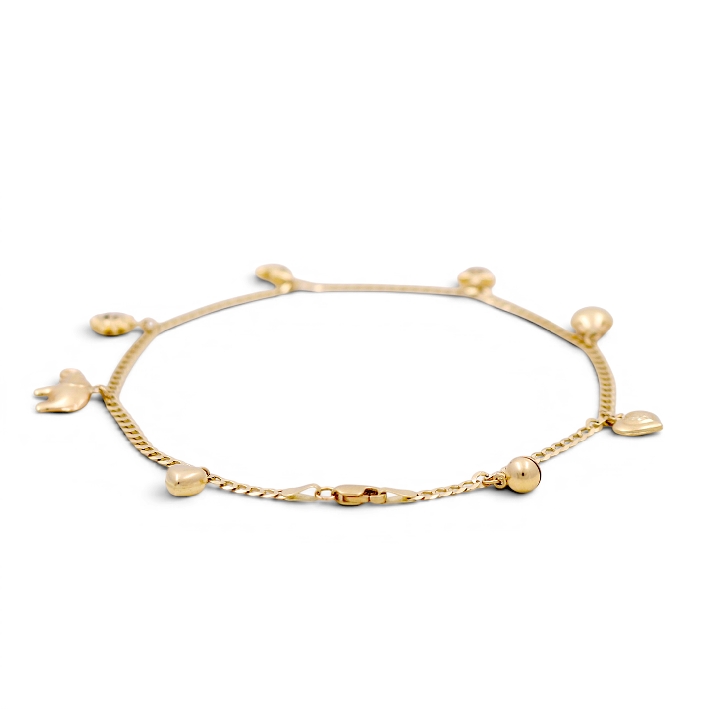 10K Yellow Gold Curb Anklet Bracelet with Hanging Charms / Size: 2.5mm 10" / Weight: 4.3 GR