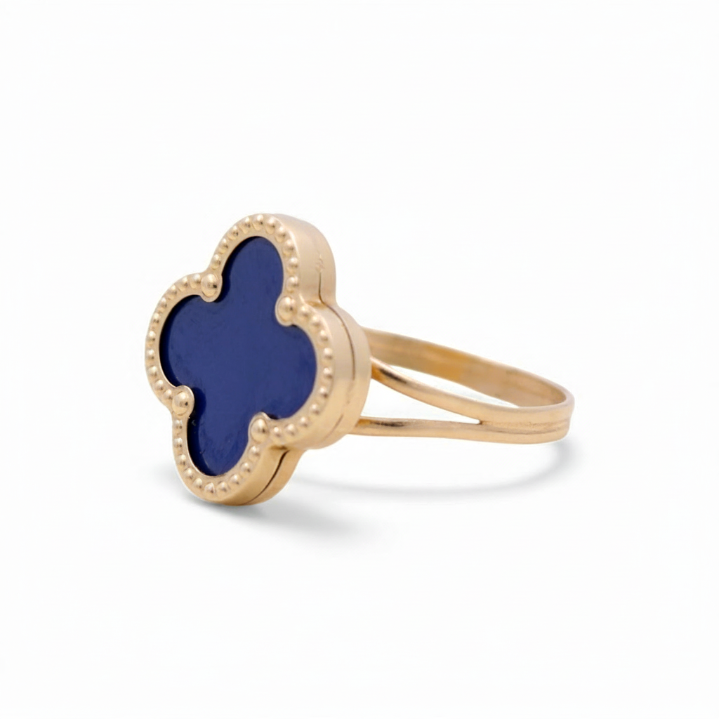 Anillo de trébol azul rey para mujer de oro amarillo 14K / Talla: 7.5 / Peso: 2.7 GR / BOWR4CLV-12