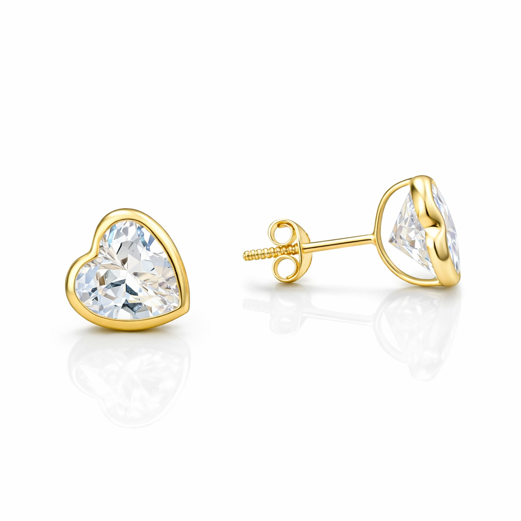 14k Yellow Gold Heart Stud Earrings With CZ