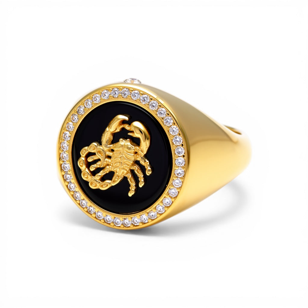 10K Yellow Gold RD Scorpion Men’s Ring with Onyx Stone / Cz / Size 10.5 / Weight: 7.1GR / CQMR0SP