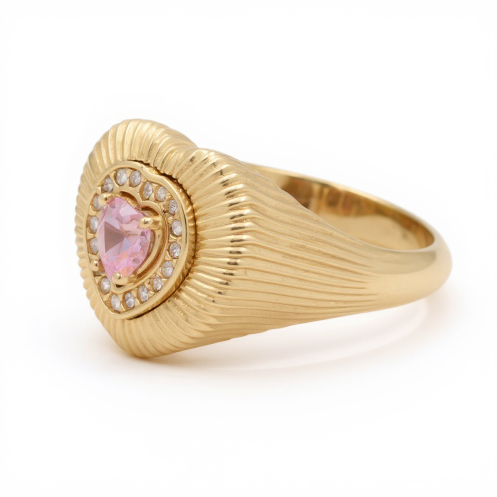 10K Yellow Gold Fashion Heart Women's Ring with White and Pink Cz / Size: 8.5 / Weight: 3.9 GR / CQWR0HR-4