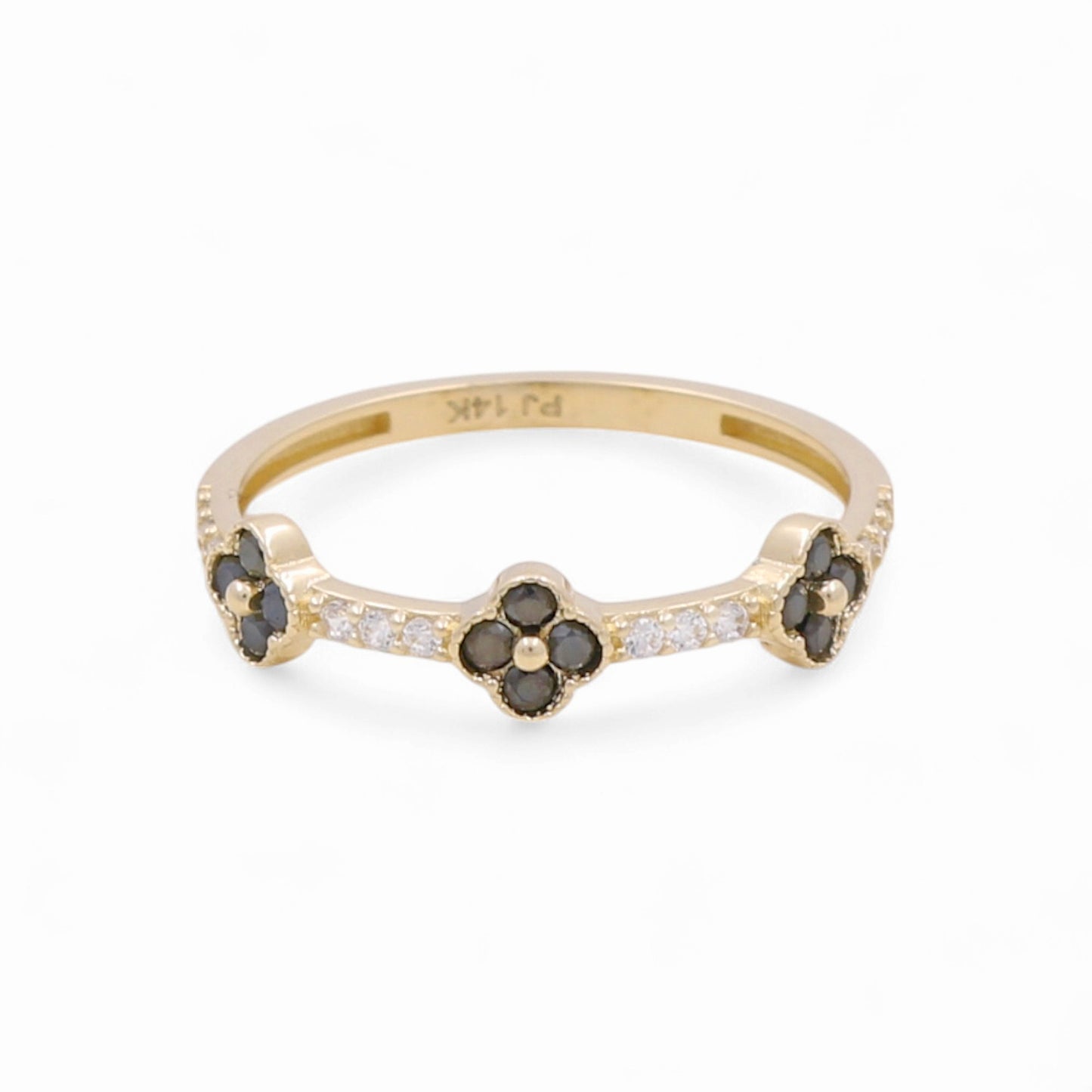 14K Yellow Gold Three Flower Women's Ring with Black Cz / Size: 8 / Weight: 1.2 GR / Y24-1259
