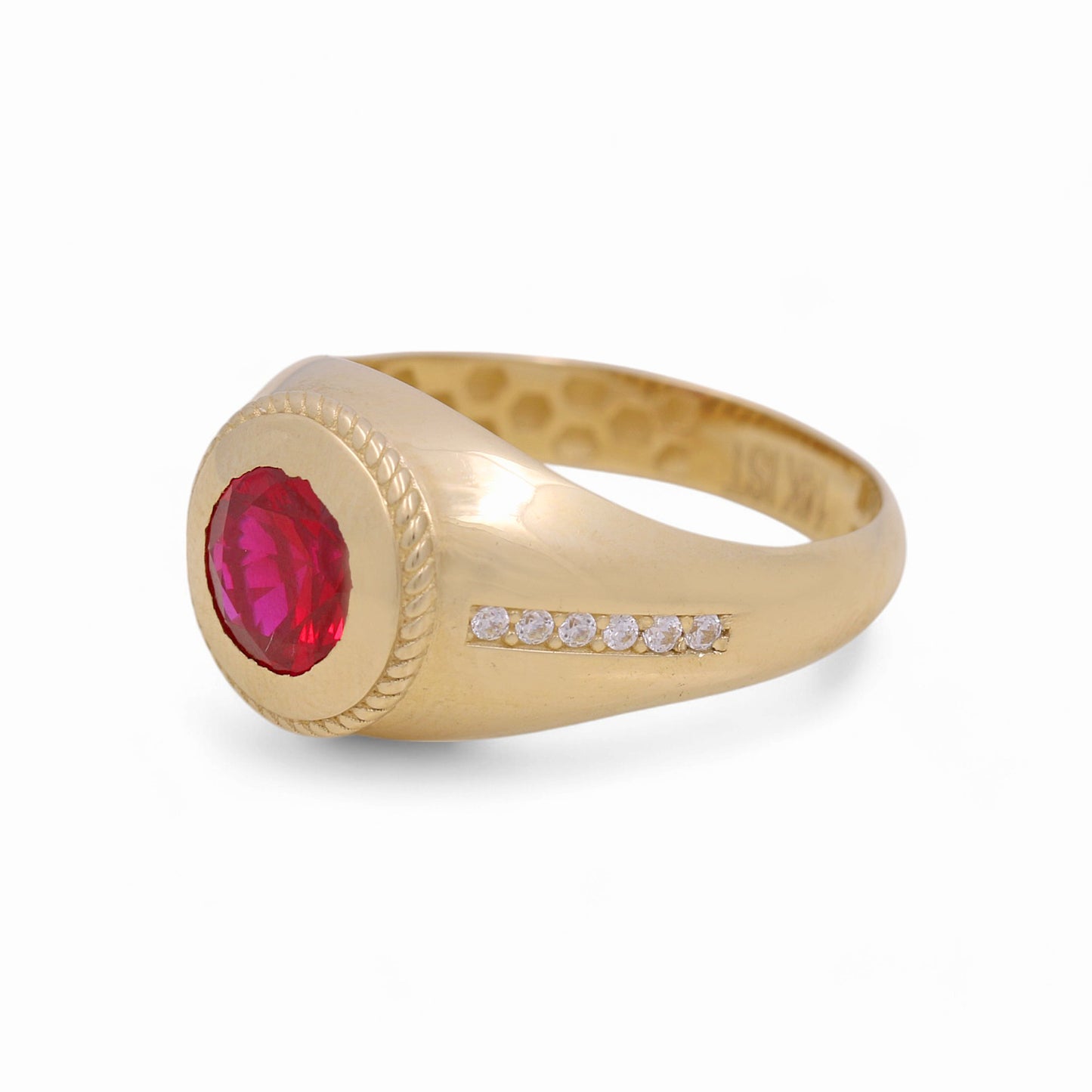 14K Yellow Gold Redondo Fashion Men's Ring with Red Cz / Size:10 / Weight: 4.1 GR / COMR4FS-69