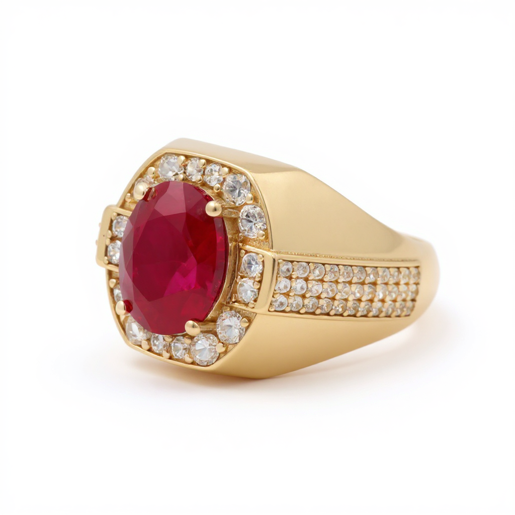 14K Yellow Gold Fashion Men's Ring with Red and White Stones / Size: 10 / Weight: 7.5 GR / BOMR4FS-45