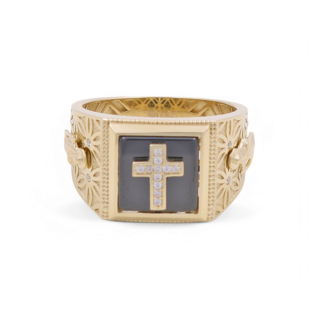10K Yellow Gold Cross and San Judas Men’s Ring with Onyx Stone / CZ / Size 11 / Weight: 6.9GR / BPMR0CSSJ