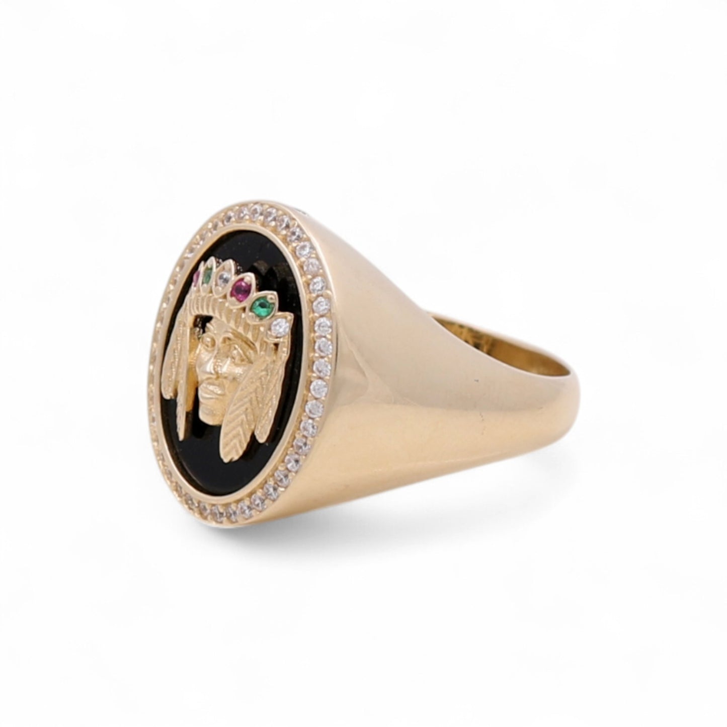 14K Yellow Gold Indian Oval Men's Ring with Onyx and Cz / Size: 11 / Weight: 8.2 GR / CQMR4IN-1