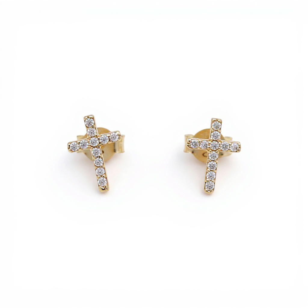 10K Yellow Gold Cross Stud Earrings with Cz / Weight: 0.8 GR / CQES0CS