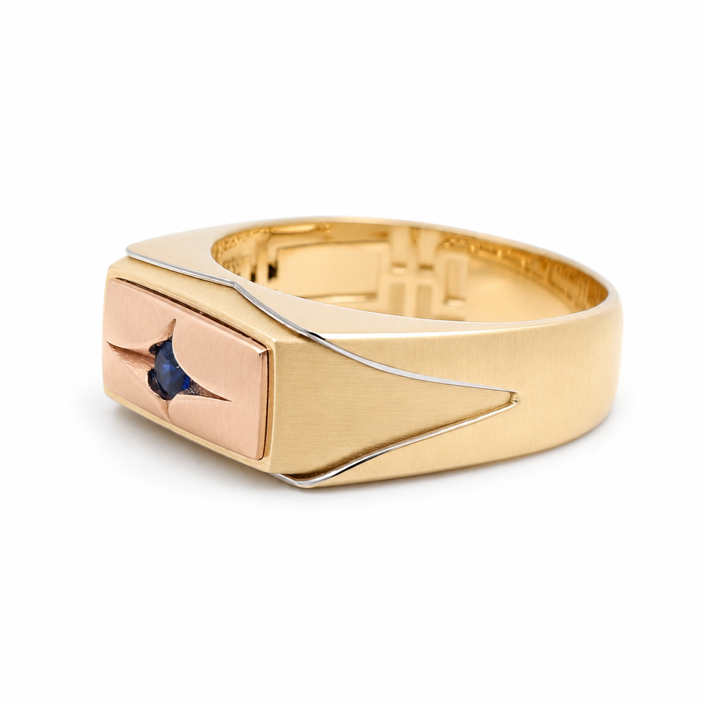 14K Yellow and Rose Gold Fashion Men's Ring with Blue Cz / Size: 10 / Weight: 4.3 GR