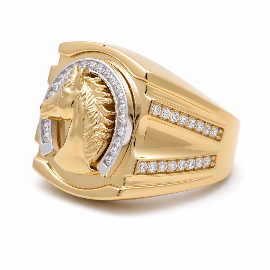 14K Yellow Gold Men's Horse Ring with Cz Stone / Size: 10 / Weight: 12.7 GR