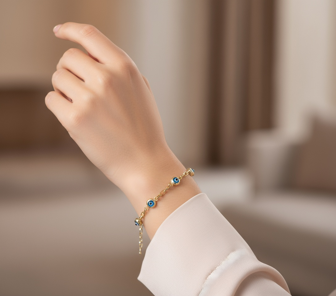 14K Yellow Gold Women's Evil Blue Eyes Paper Clip Bracelet / Size: 8" / Weight: 5.8 GR / BOWB4EYPC