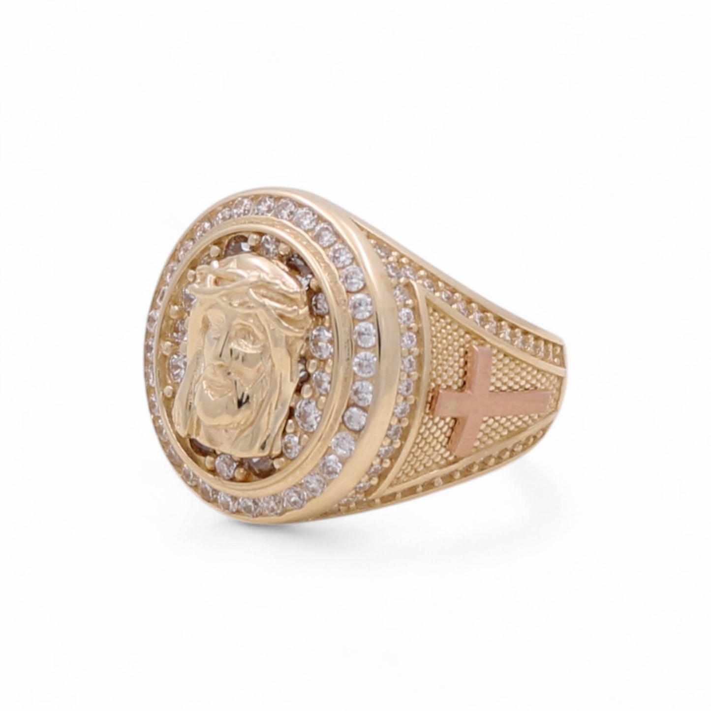 14K Yellow and Rose Gold Christ Head Men's Ring with White Cz / Size: 10.5 / Weight: 9.4 GR / DQMRTT4CR