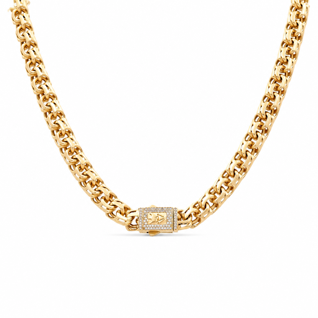 14K Yellow Gold Chinese Link Necklace / Cz / Size: 9.5mm 18" / Weight 47.6 GR / CONK4FS-4