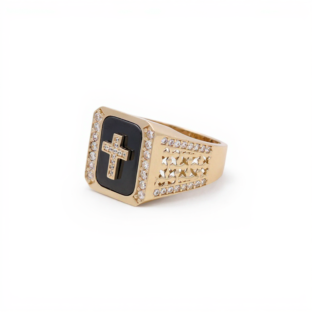 10K Yellow Gold SQ Cross Men's Ring with Onyx and Cz / Size: 11.5 / Weight: 7.7 GR / CQMR0CS-4