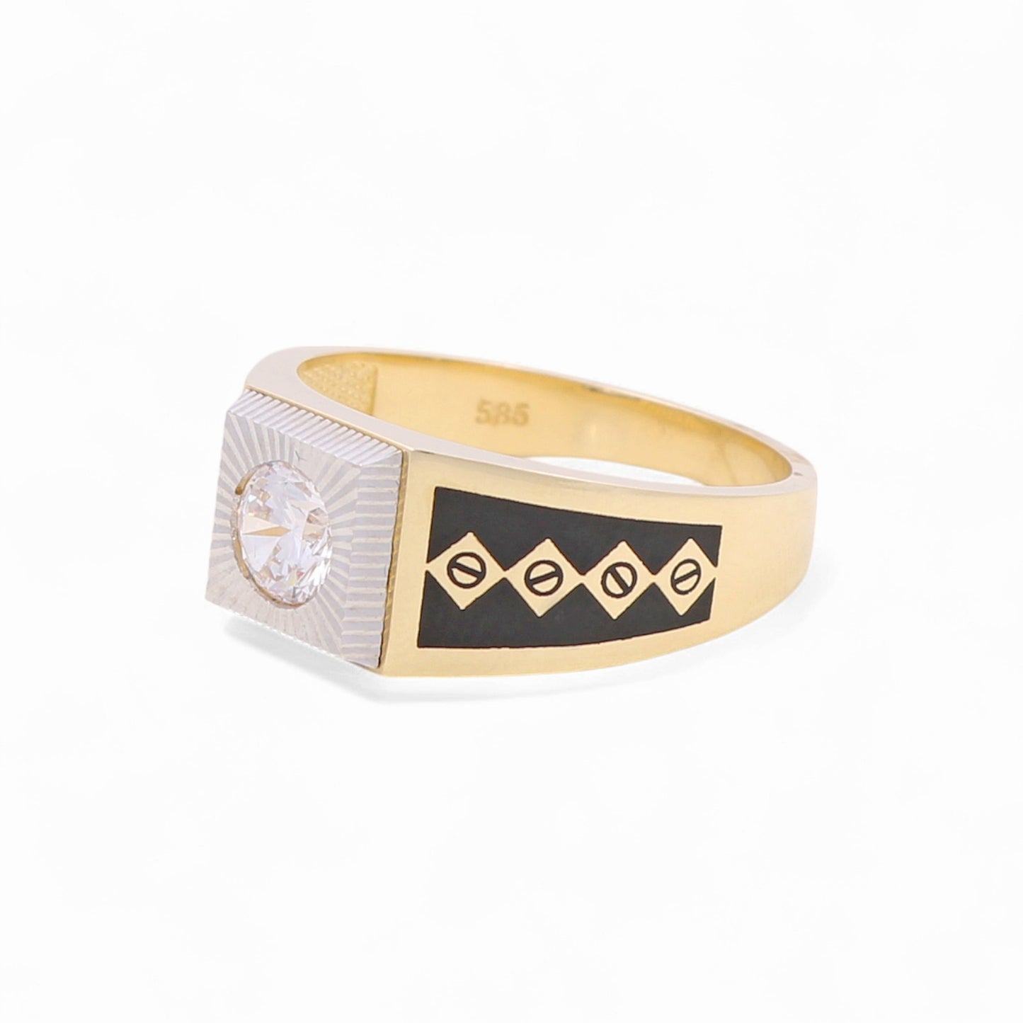 14k Two Tone Square Men's Ring with Black Enamel and Cz / Size 10.5 / Weight 6.5 GR / COMR4SQTTBECZ-1