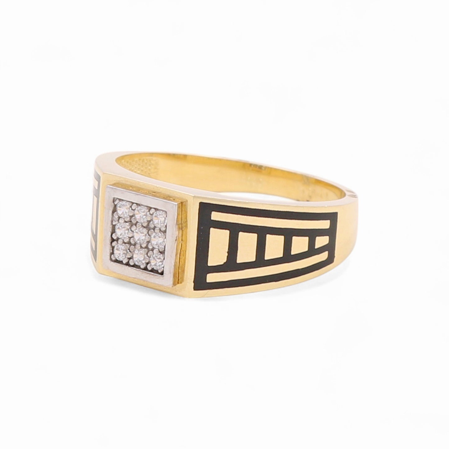 14k Two Tone Square Men's Ring with Black Enamel and Cz / Size 11 / Weight 5.8 GR / COMR4SQTTBECZ-3