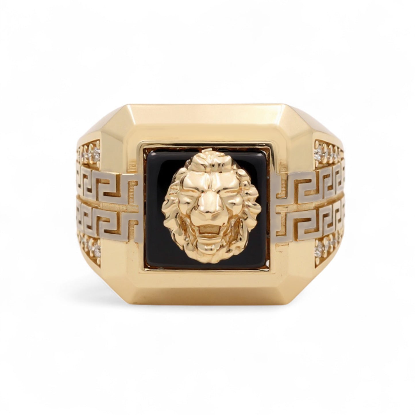 14K Yellow and White Gold Lion Men's Ring with Greek and Onyx / Size: 10 / Weight: 8.7 GR / CQMRTT4LN