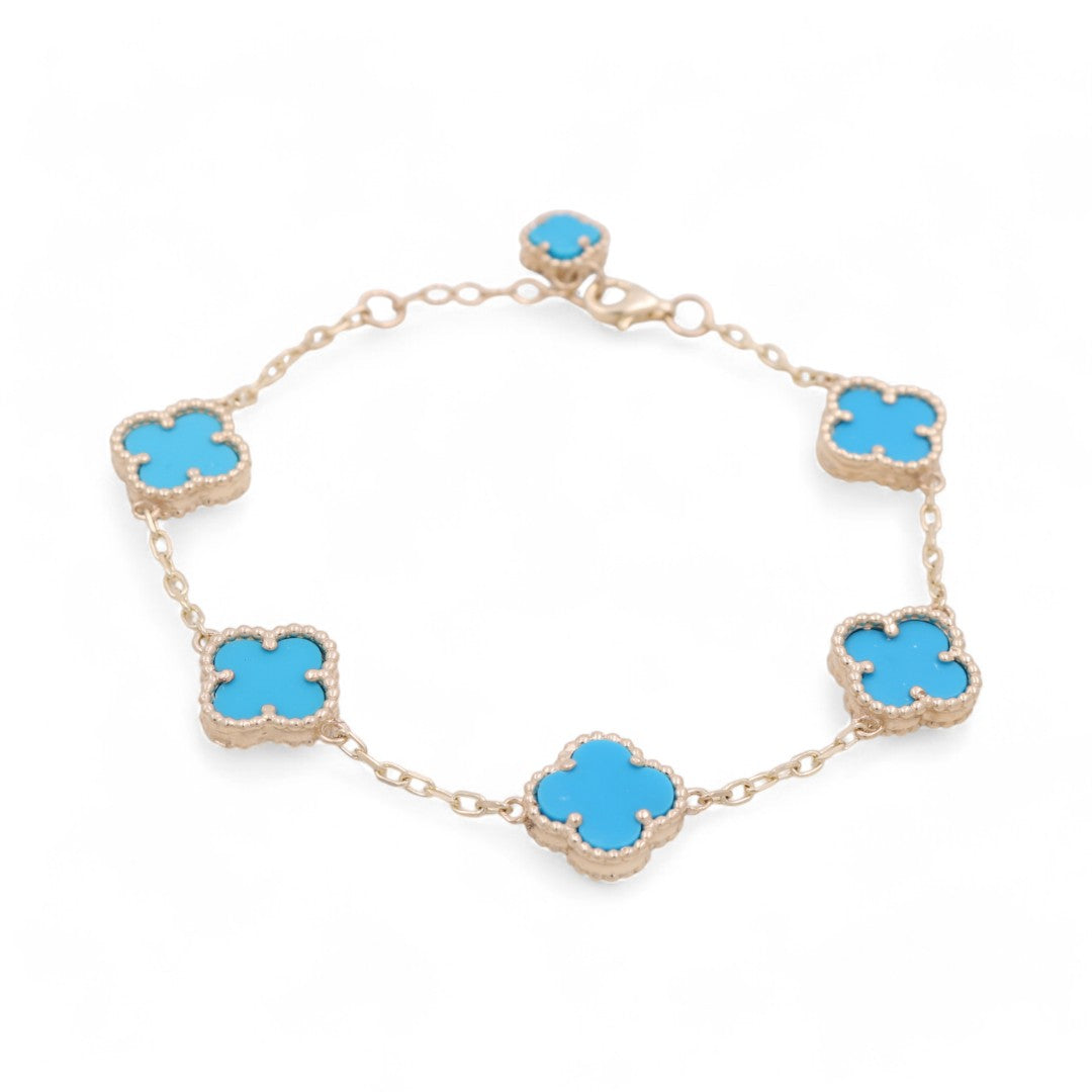 14K Yellow Gold Women's Bracelet with 5 Light Blue Clover / Size 7" / Weight 8.6 GR