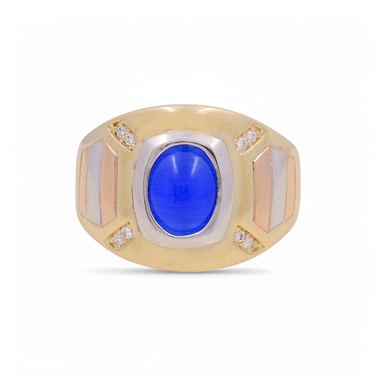 14K Yellow, White and Rose Fashion Men's Ring with Blue Stone / Size: 10 / Weight: 7.1 GR / KEEMR3T4FS