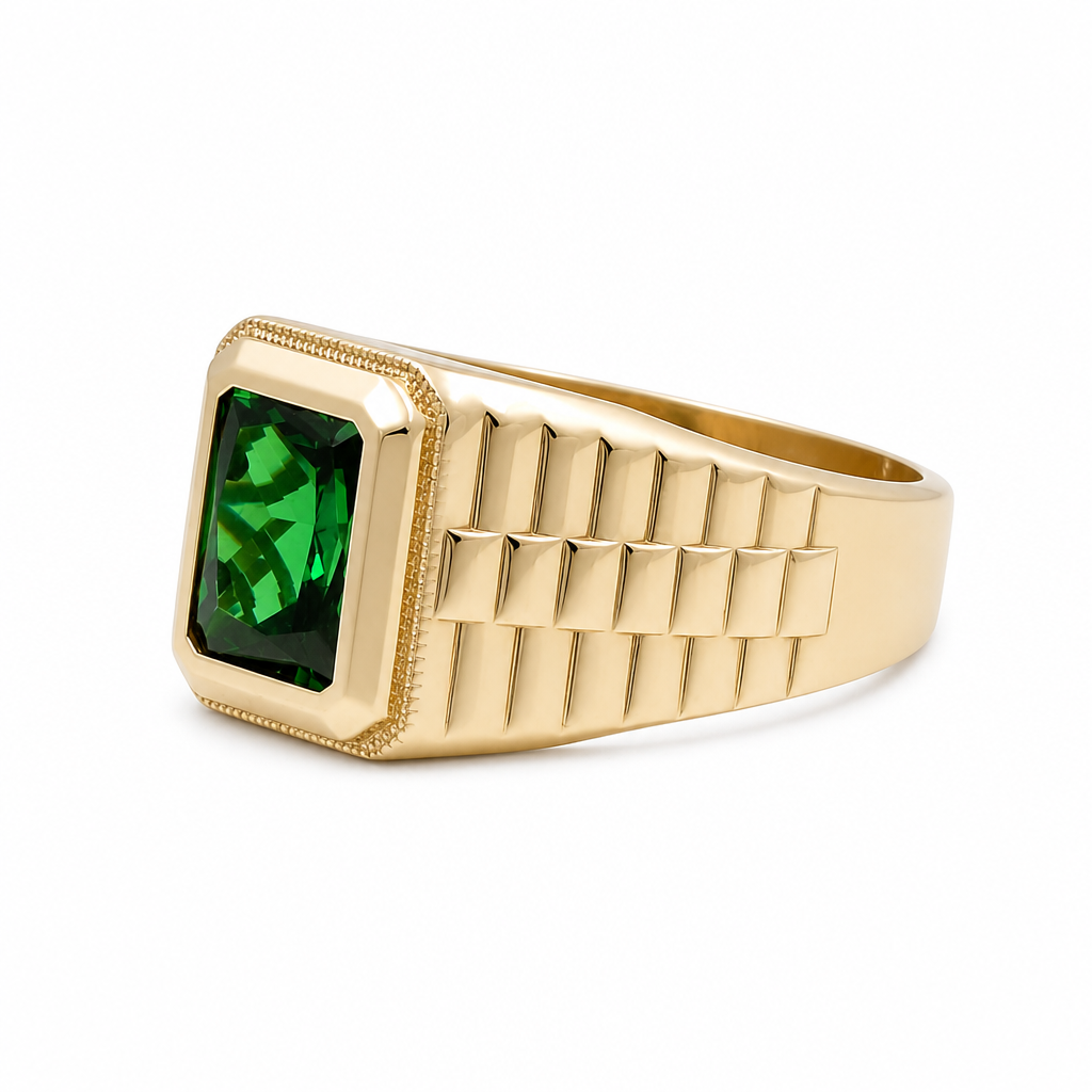 10K Yellow Gold Fashion Men's Ring with Green Cz Stone / Size: 11.5 / Weight: 4.8 GR / DQMR0FS-10