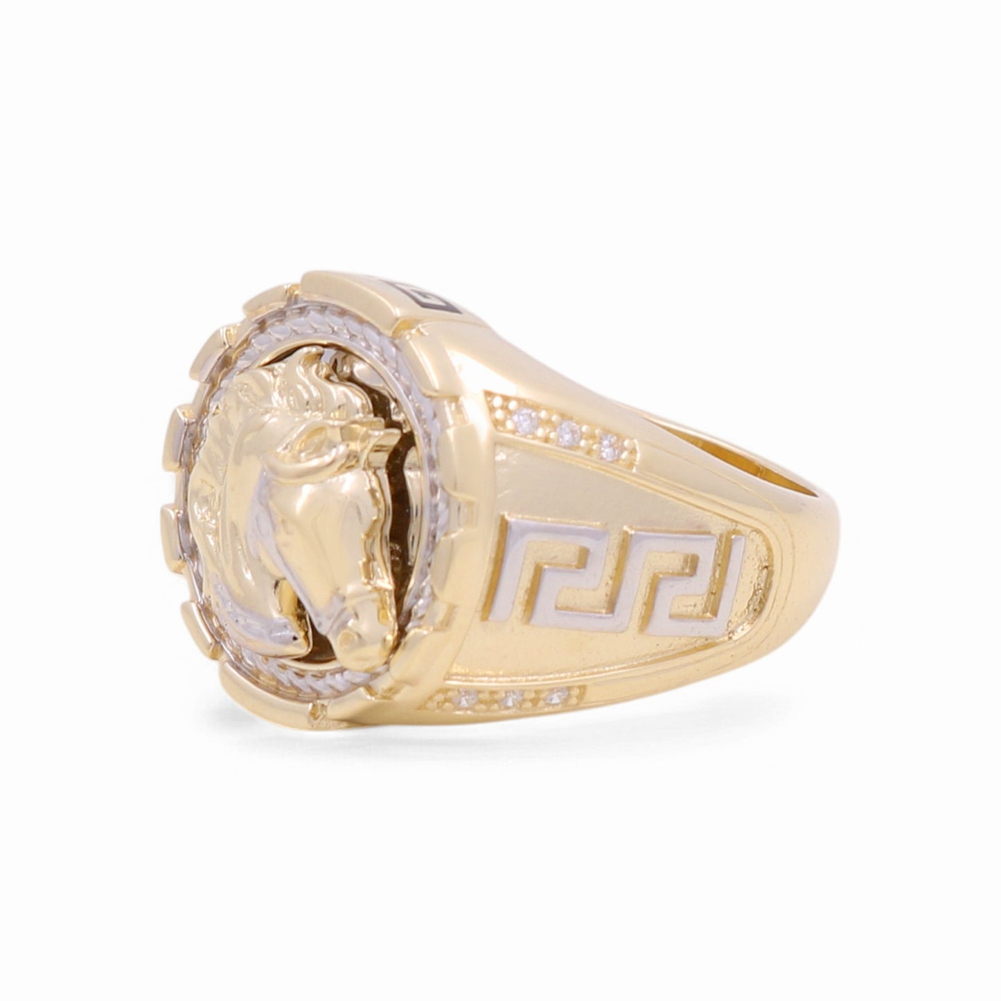 14K Yellow and White Gold Horse Men's Ring with Greek and Cz / Size: 10 / Weight: 12.4 GR / KEEMRTT4HR