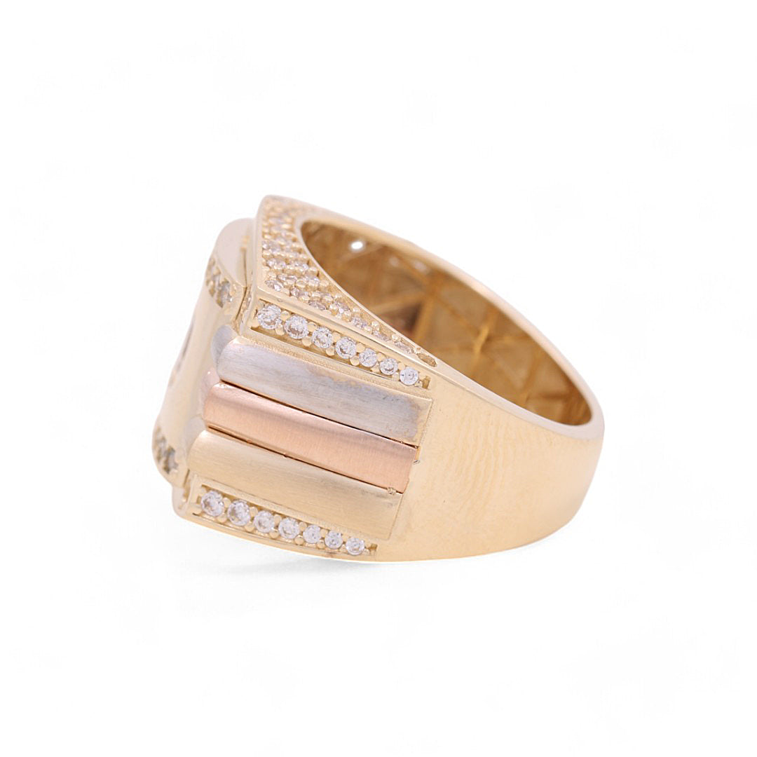 14K Yellow White And Rose Gold Men’s Ring / CZ / White Stones / Size 9 / Weight: 10.2 GR / COMR3T4FS-2