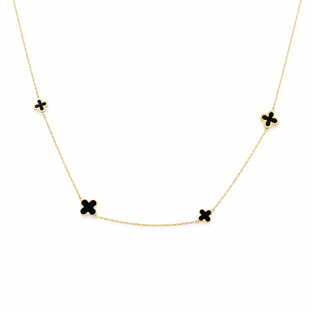 14K Yellow Gold Black Clover Women's Necklace with Onyx Stone / Size: 18'' / Weight: 3.0 GR / 401-01077