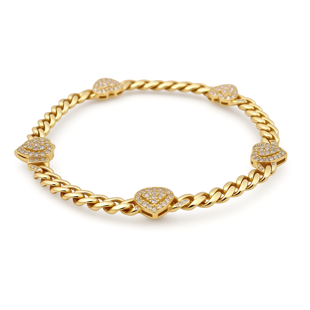 10K Yellow Gold Monaco Women's Bracelet with Hearts and White Cz / Size: 7.5” / Weight: 6.5 GR / P18B-57M9