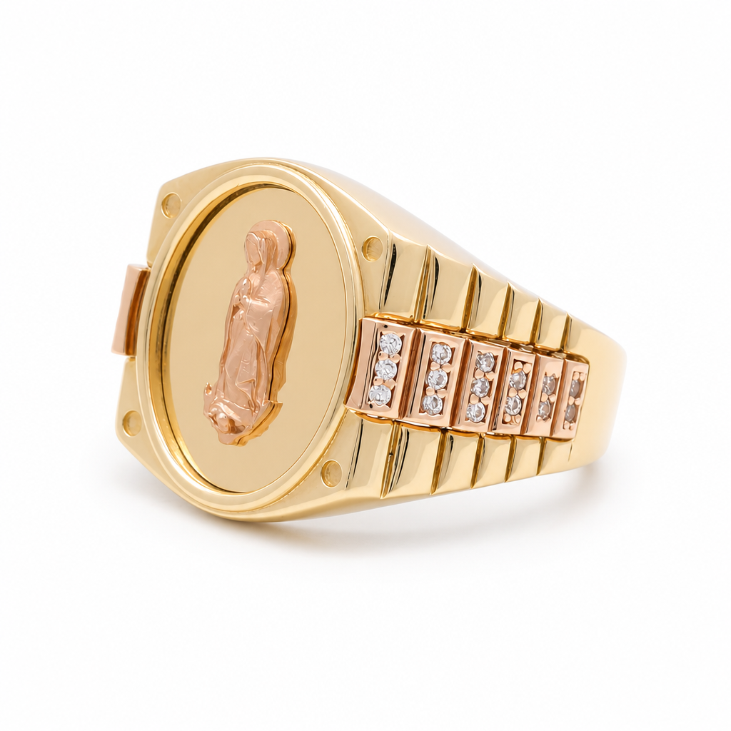 14K Yellow and Rose Virgen de Guadalupe Men's Ring with Cz / Size: 10 / Weight 9.3 GR