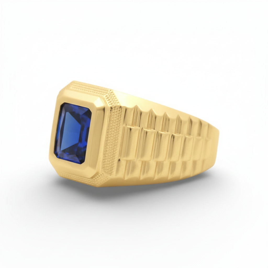 10K Yellow Gold SQ Men's Ring With Blue Cz / Size: 10 / Weight: 5.4 GR / DQMR0FS-2