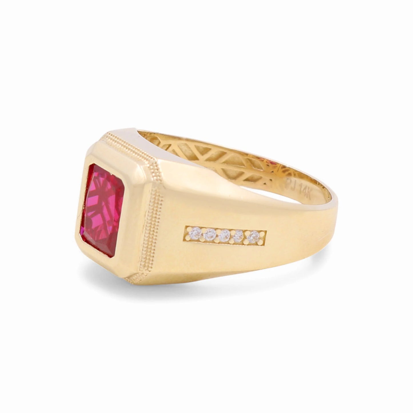 14K Yellow Gold SQ Fashion Men's Ring With Red Cz / Size: 10.5 / Weight: 5.6 GR / CPMR4FS-1