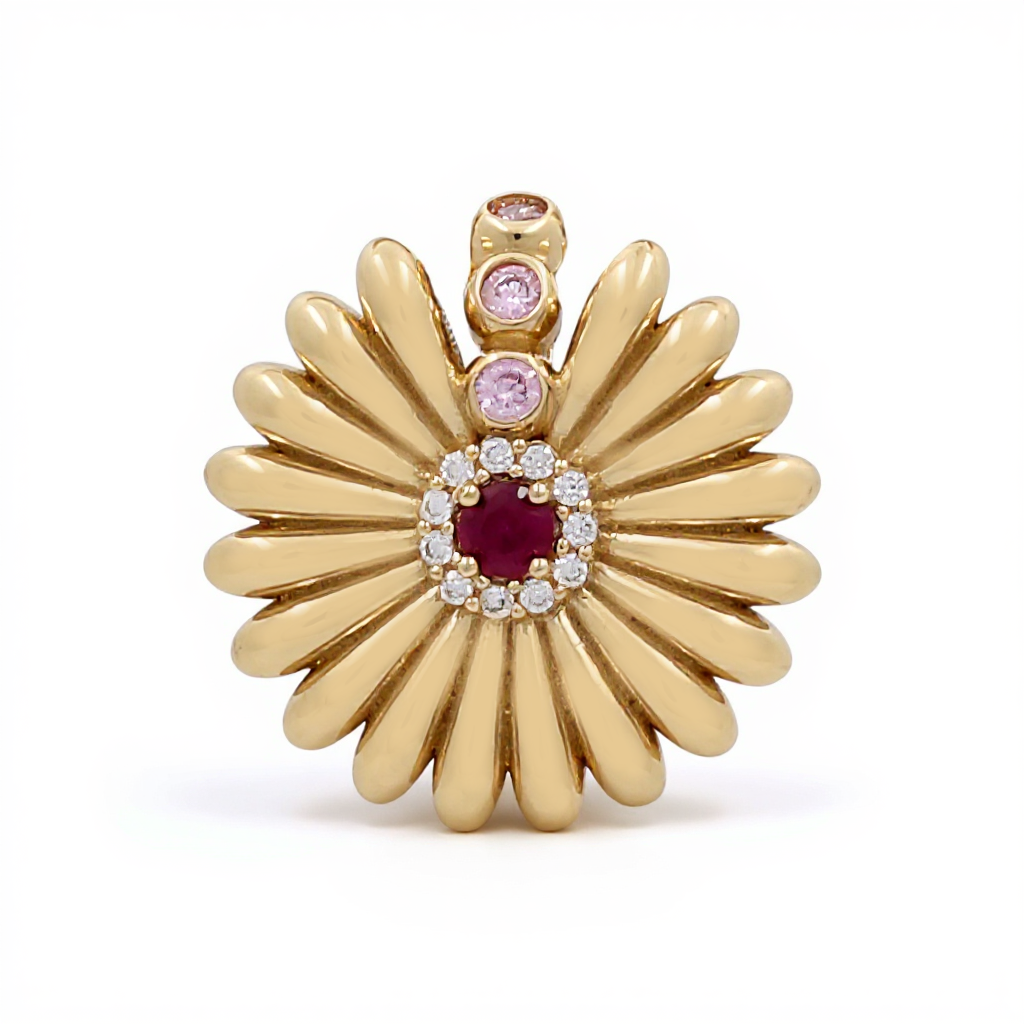 10K Yellow Gold Flower Women's Pendant with Red Cz / Weight: 3 GR / DQPD0FL