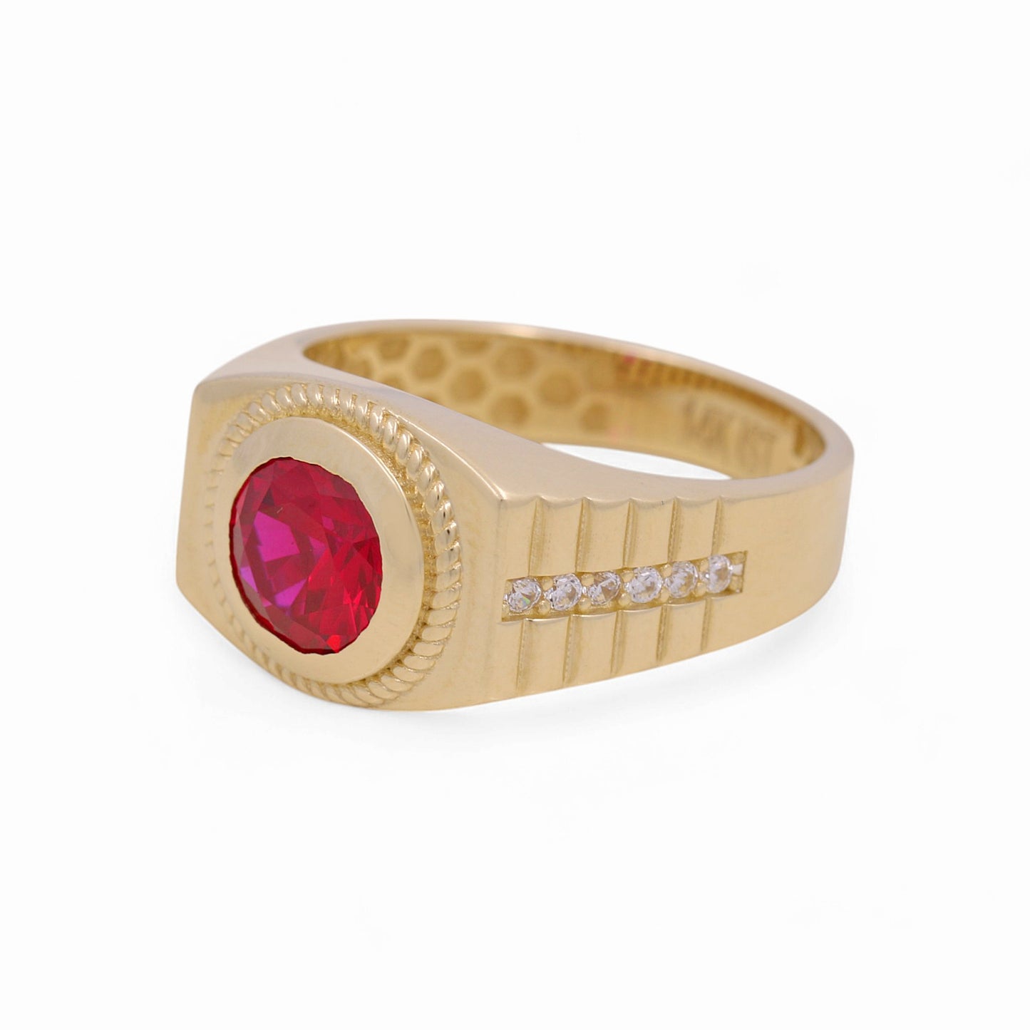 14K Yellow Gold Redondo Fashion Men's Ring with Red Cz / Size: 10 / Weight: 5 GR / COMR4FS-66