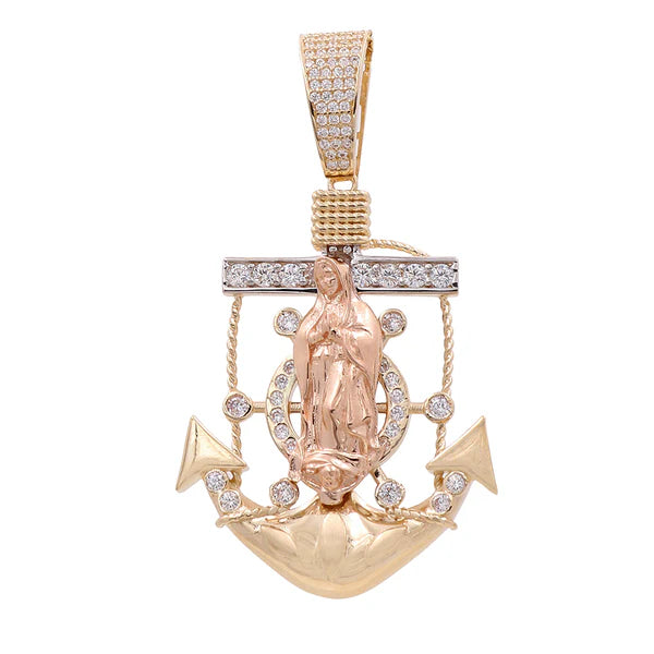 14K Yellow and White Anchor Pendant with Virgen de Guadalupe and Cz / Weight 12.1 GR / COPD4TTANVGCZ