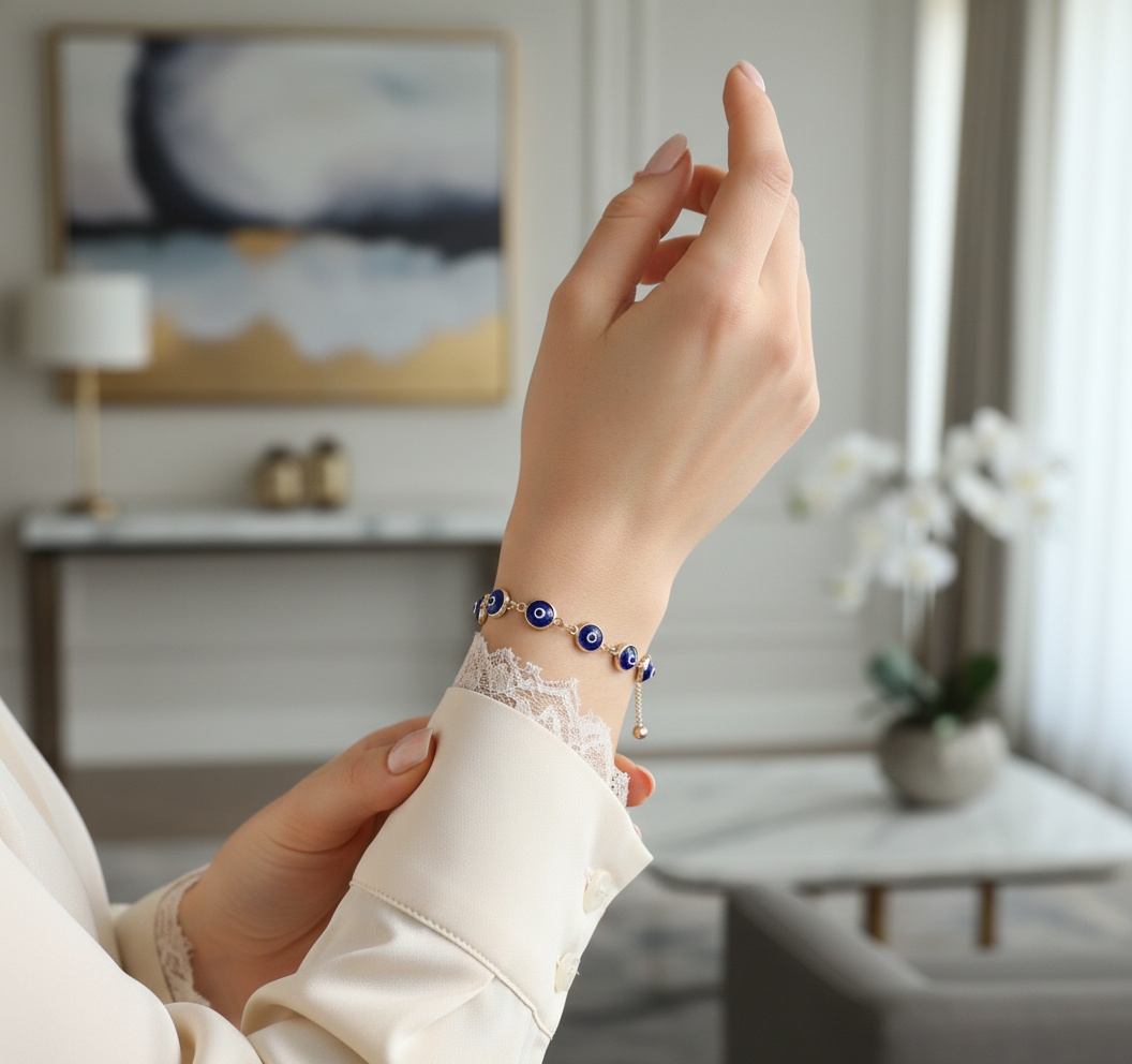 14K Yellow Gold Women's Adjustable Evil Blue Eyes Bracelet / Weight: 5.1 GR / BOWB4EY-3