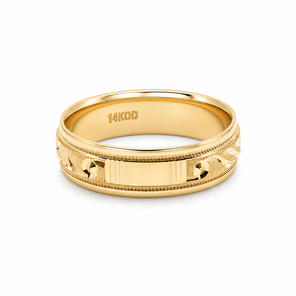 14K Yellow Gold Men's Wedding Band With Design / Size: 10 / Weight: 5.2 GR / WBEEMWB4DS-19