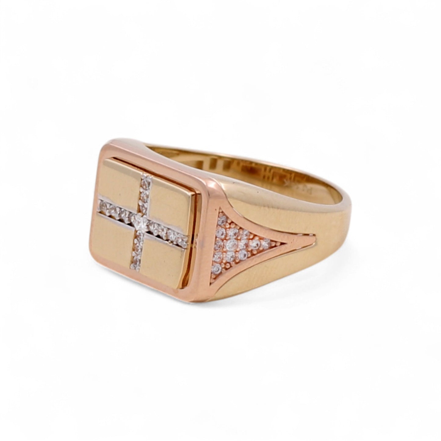 14K Yellow and Rose Gold Cross Men's Ring with White Cz / Size: 11.5 / Weight: 5.1 GR / DQMRTT4CS