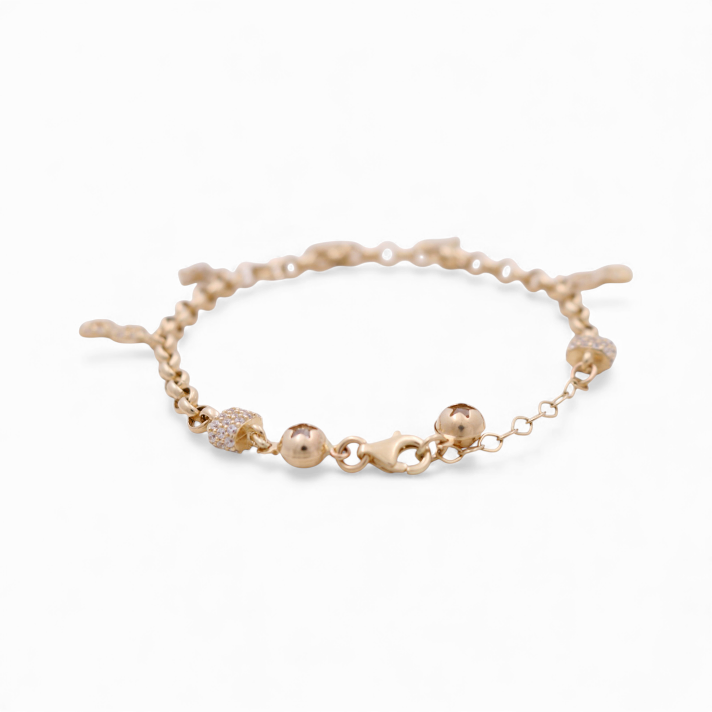 14k Yellow Gold Rolo Link Women's Bracelet with Charms and Cz / Size: 7.5" / Weight: 6.5 GR / CCFWB4FS
