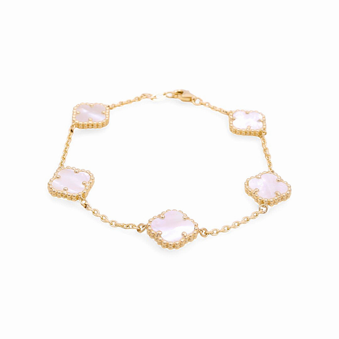 10K Yellow Gold Five Mother of Pearl Clovers Women's Bracelet / Size: 7.5” 12MM / Weight: 4.7 GR / BQWB0CLV-3